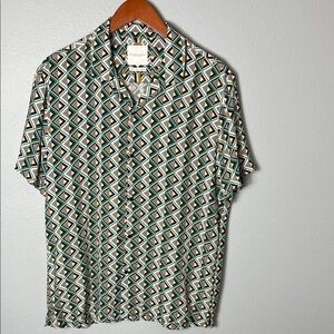 Denim & Flower Geometric Pattern Shirt - Green, Black, White